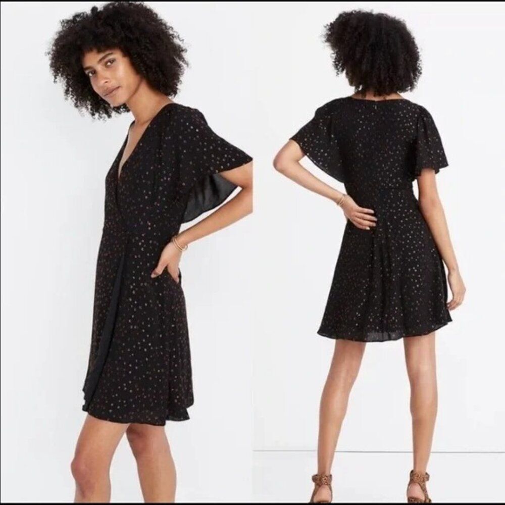 Madewell Black Metallic Dots Cape-Sleeve Mini Dress Sz 4 Party Cocktail
